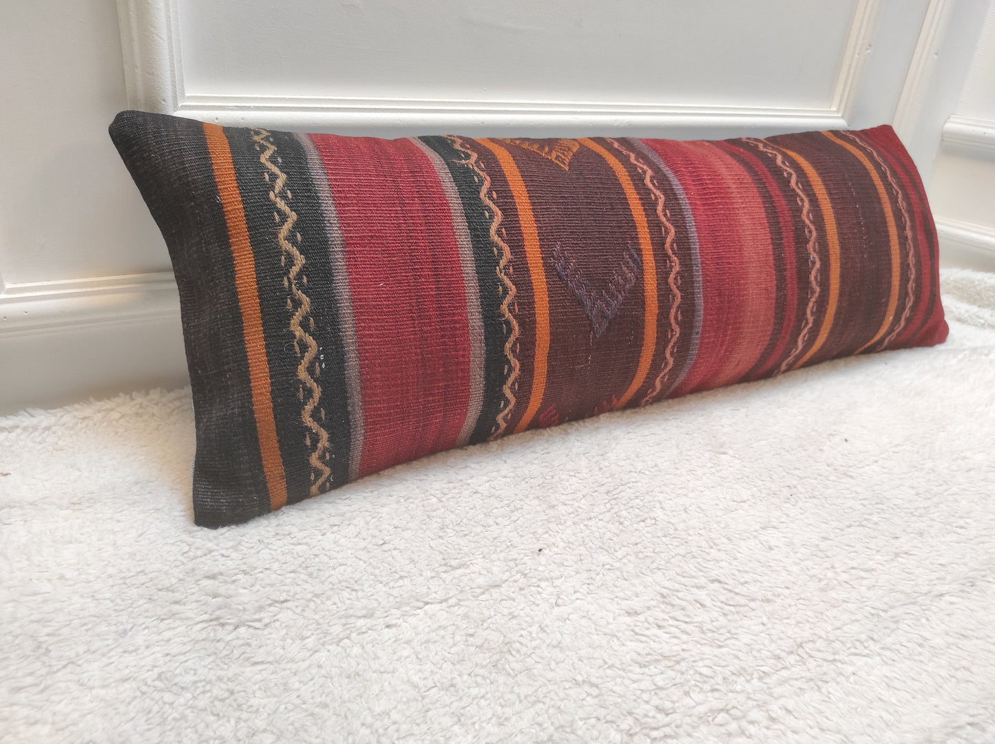 Handwoven Kilim Lumbar Pillow Cover: Upcycled Tribal Rug, 12x36