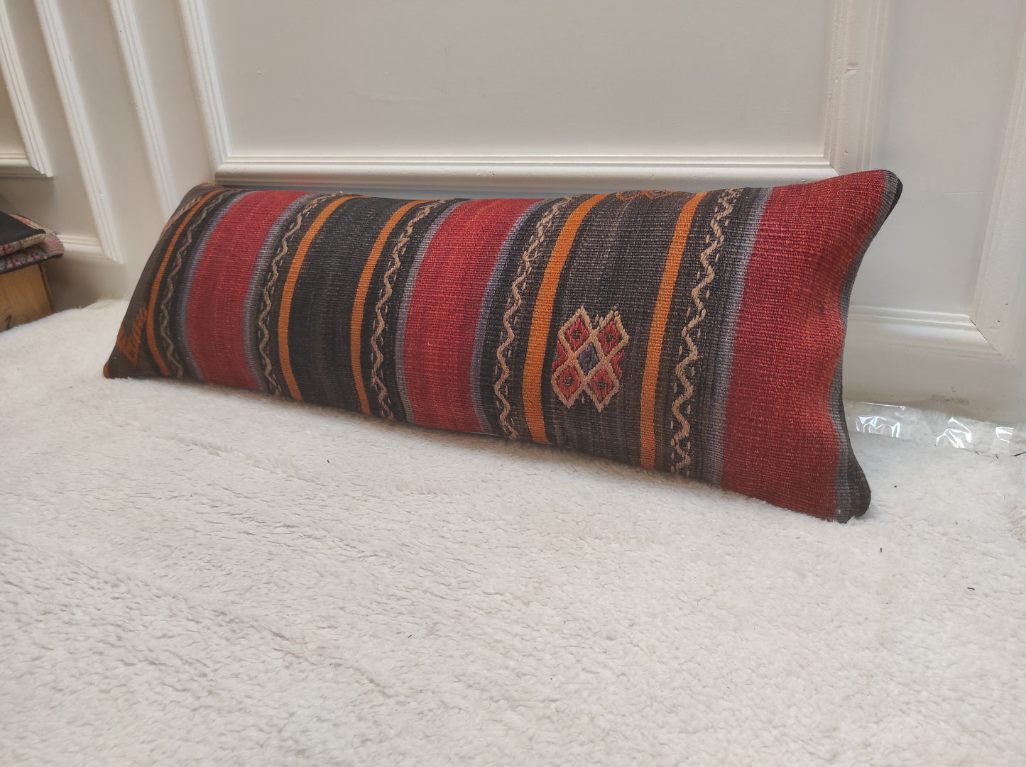 Handwoven Kilim Lumbar Pillow Cover: Antique Anatolian Rug, 12x36