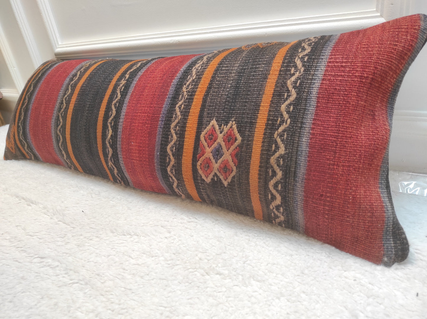 Handwoven Kilim Lumbar Pillow Cover: Antique Anatolian Rug, 12x36