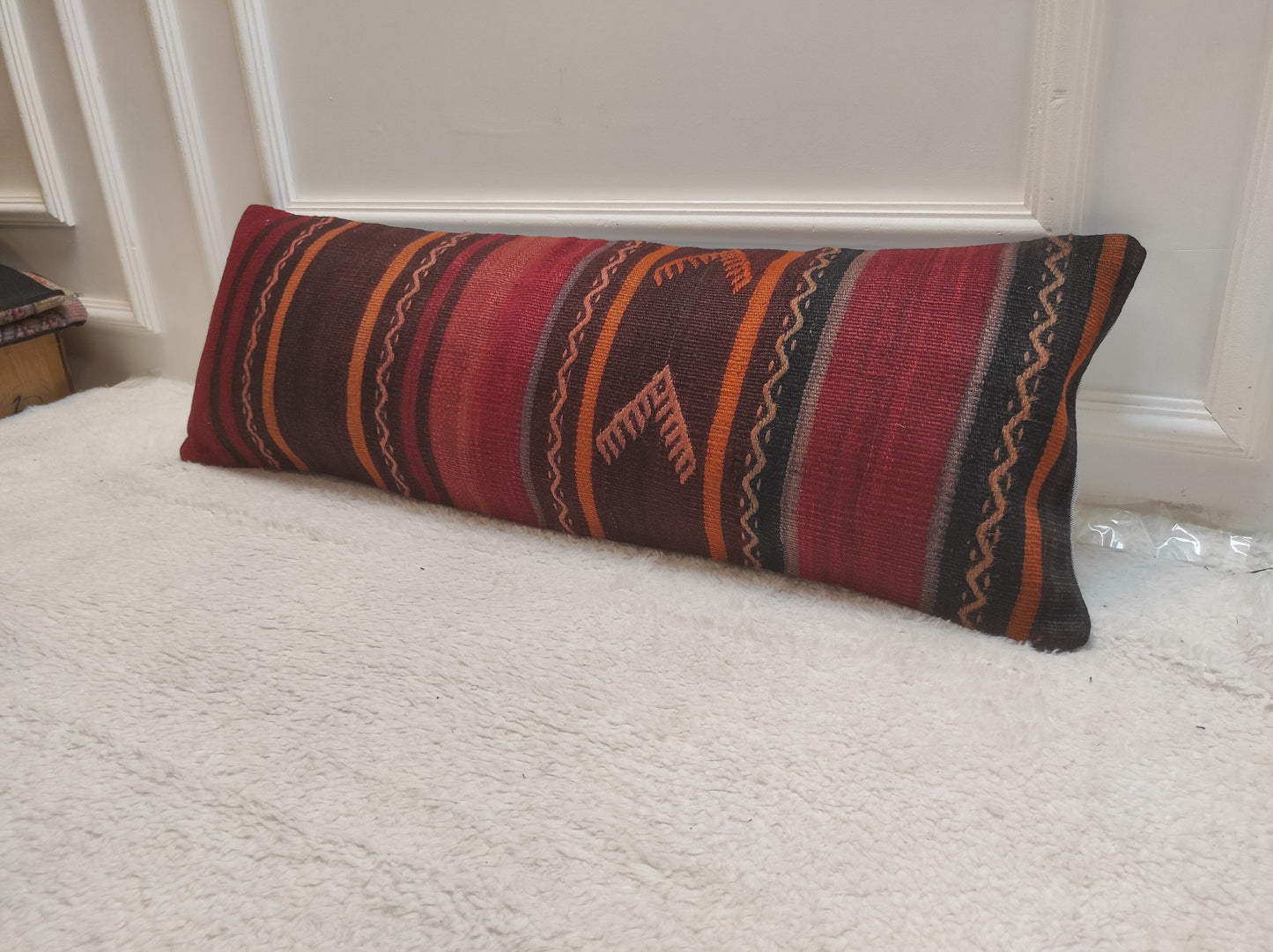 Handmade Kilim Lumbar Pillow Cover: Upcycled Woven Rug, 12x36