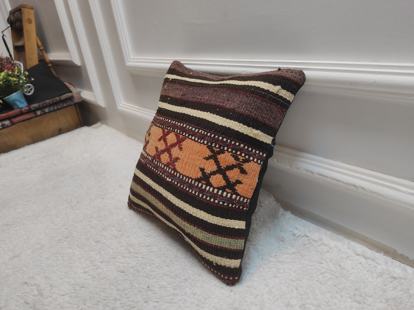Handmade Kilim Pillow Cover: Upcycled Woven Rug, 12x12 inc
