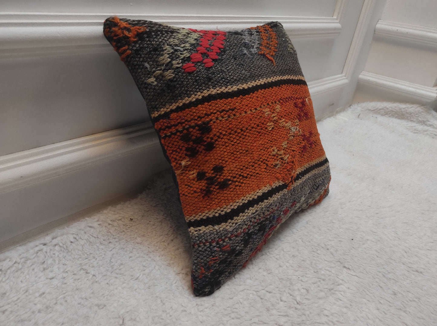 Handmade Kilim Pillow Cover: Upcycled Woven Rug, Orange Grey Red (12x12 inc)