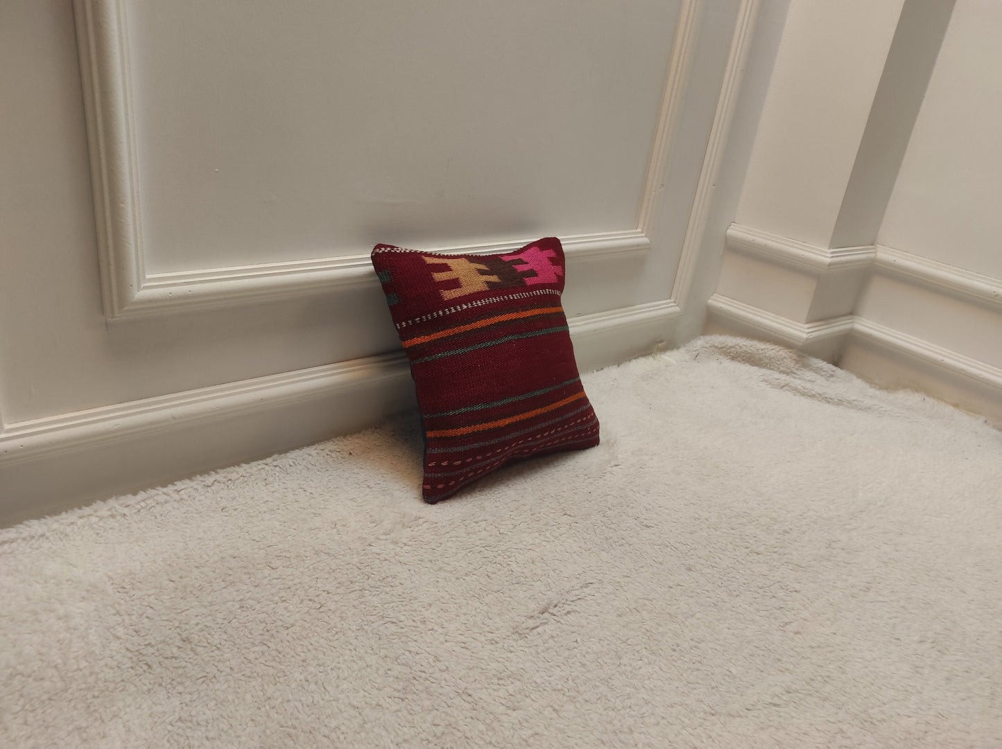 Handmade Kilim Pillow Cover, Red Striped Woven Rug, 12x12 Inc