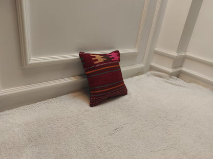 Handmade Kilim Pillow Cover, Red Striped Woven Rug, 12x12 Inc