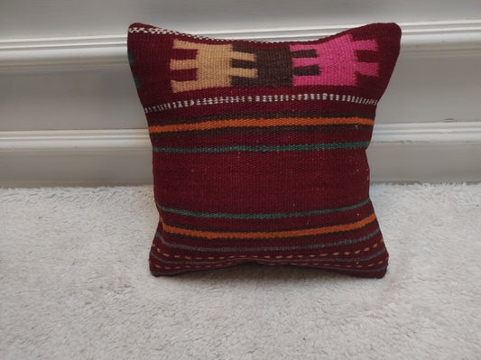 Handmade Kilim Pillow Cover, Red Striped Woven Rug, 12x12 Inc