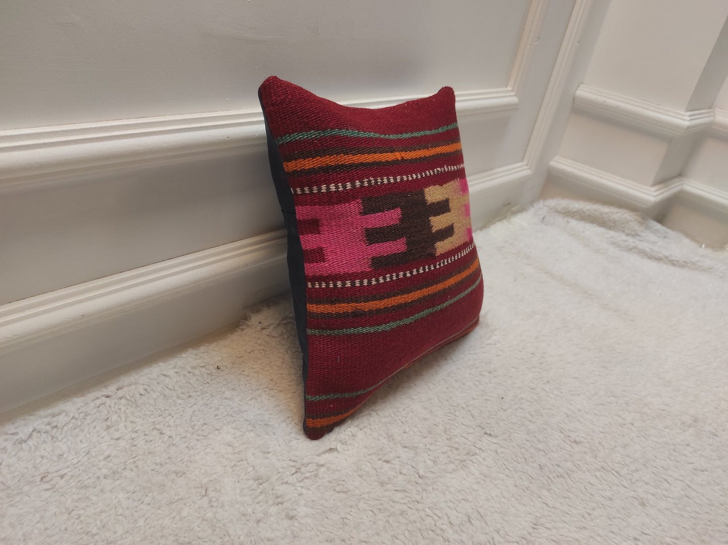 Handmade Kilim Pillow Cover: Geometric Woven Throw Pillow (12x12 inc)