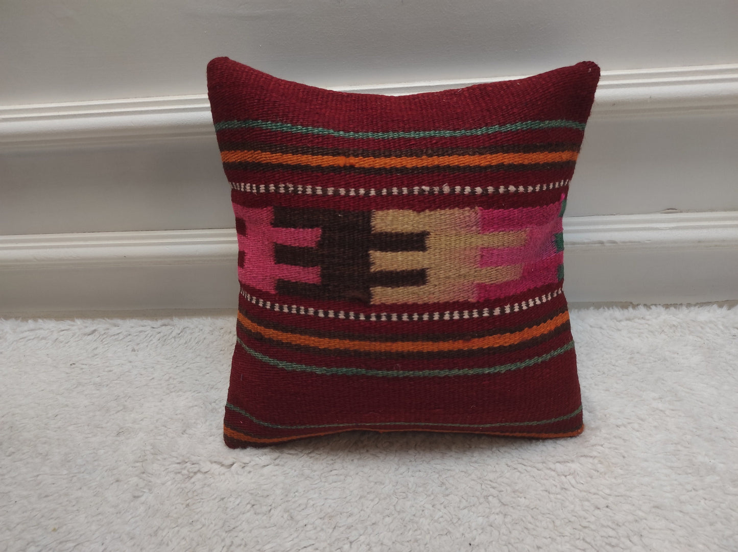 Handmade Kilim Pillow Cover: Geometric Woven Throw Pillow (12x12 inc)