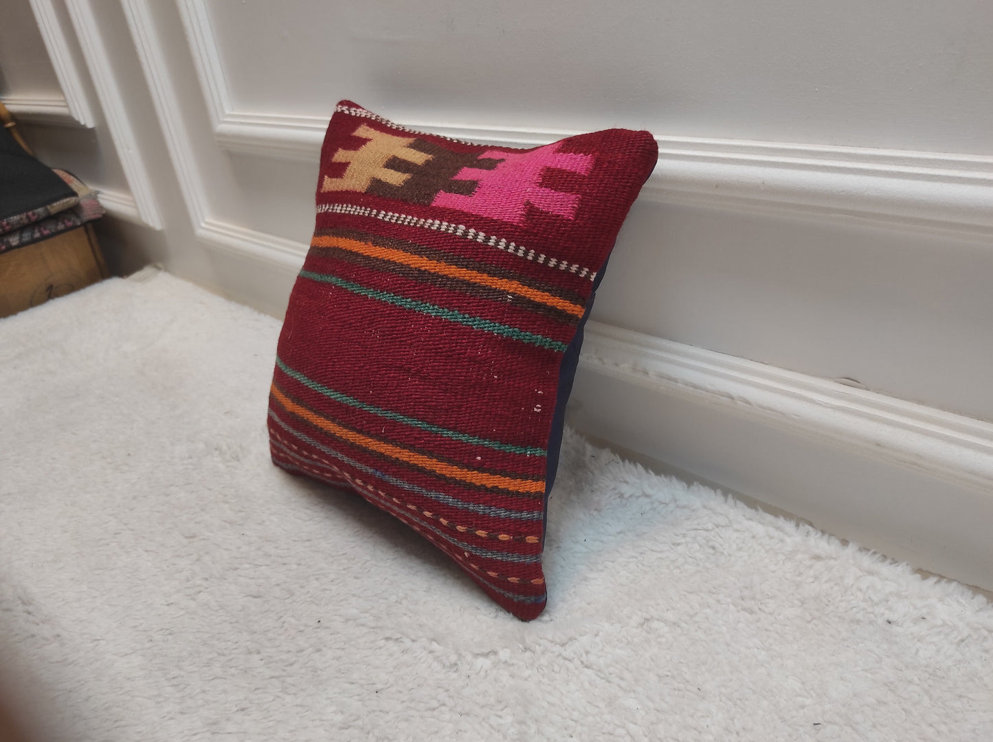 Handmade Kilim Pillow Cover, Red Striped Woven Rug, 12x12 Inc
