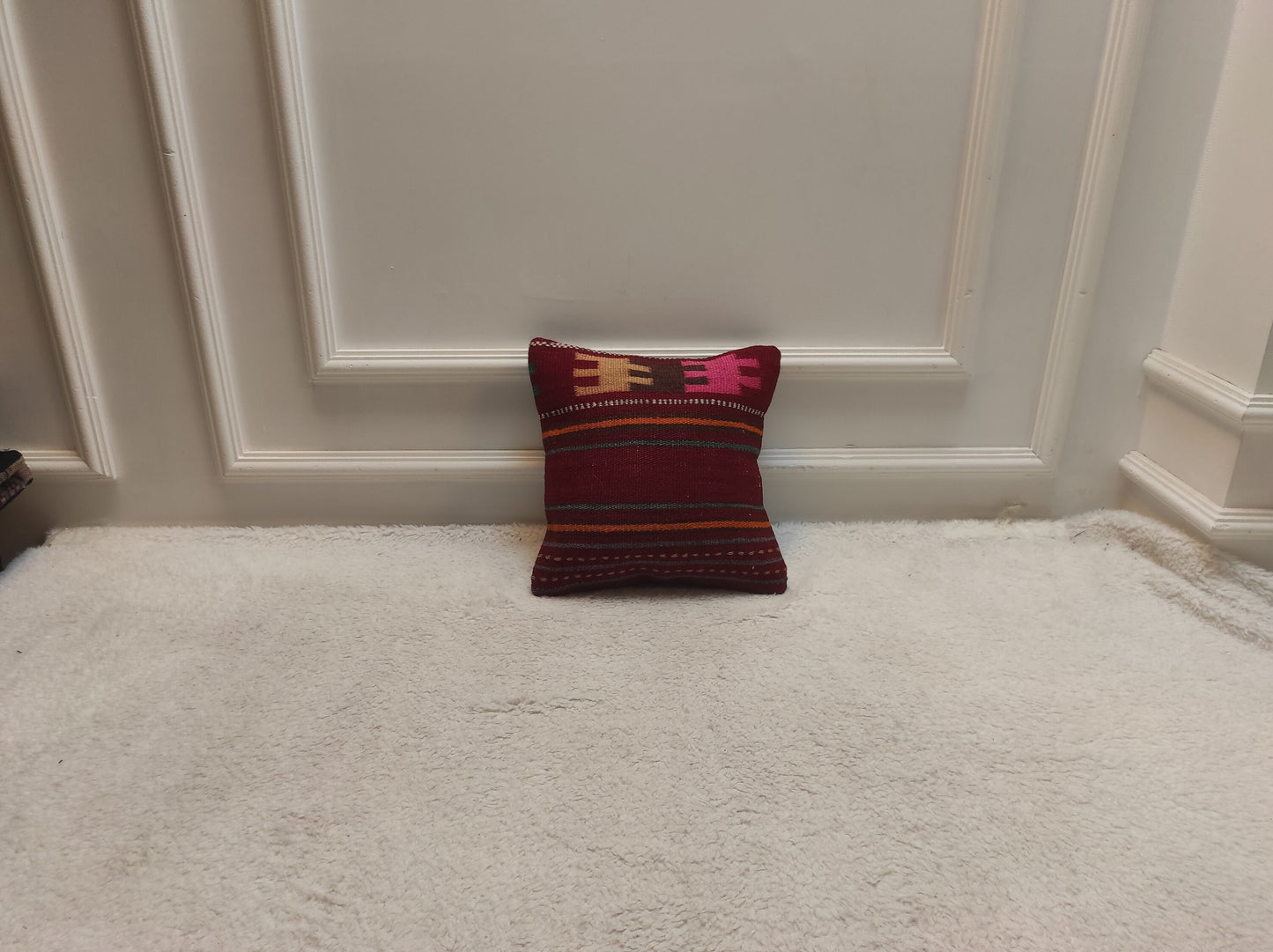 Handmade Kilim Pillow Cover, Red Striped Woven Rug, 12x12 Inc