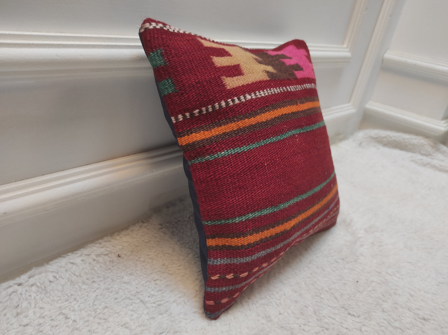 Handmade Kilim Pillow Cover, Red Striped Woven Rug, 12x12 Inc