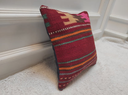 Handmade Kilim Pillow Cover, Red Striped Woven Rug, 12x12 Inc