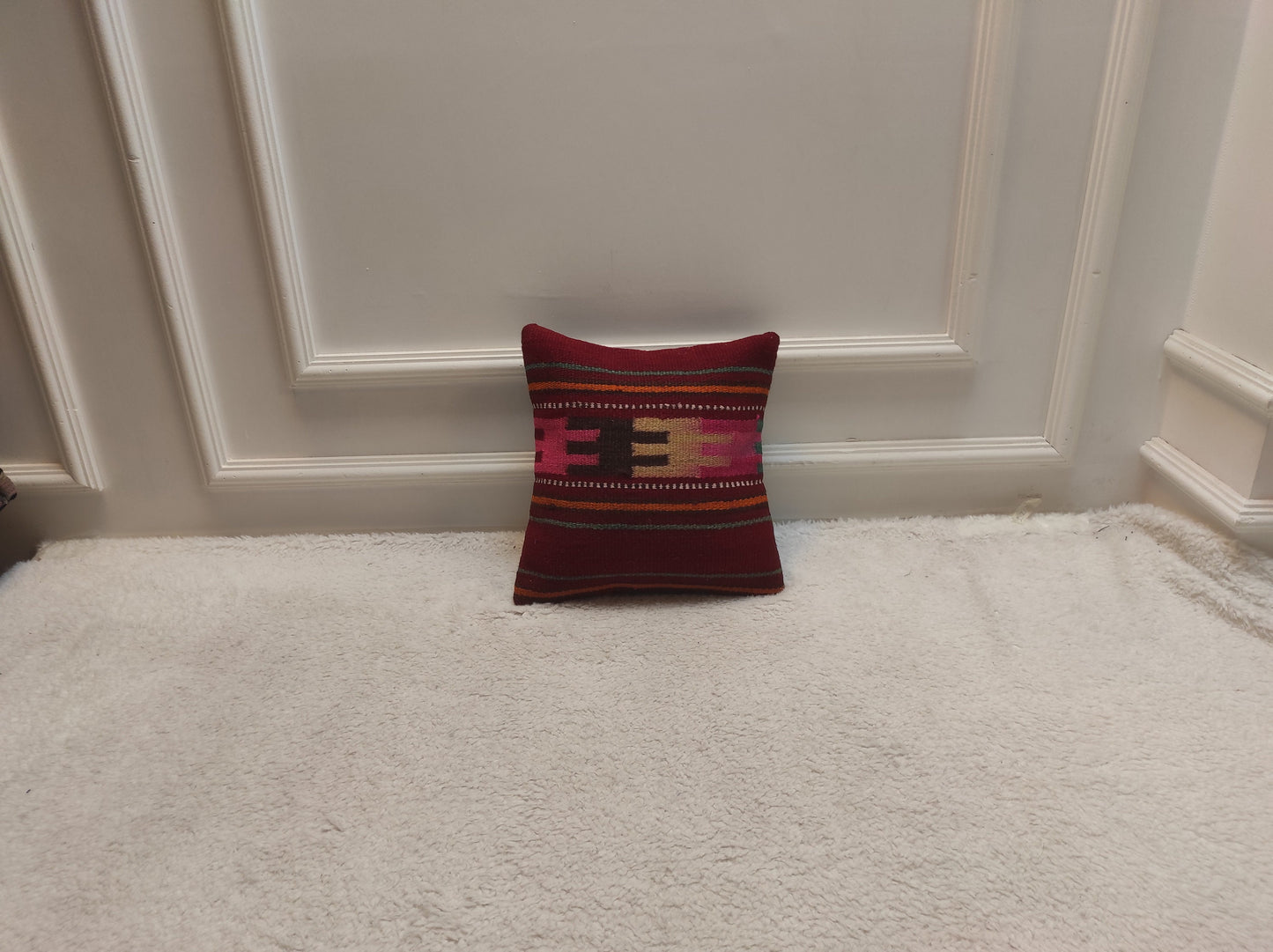 Handmade Kilim Pillow Cover: Geometric Woven Throw Pillow (12x12 inc)