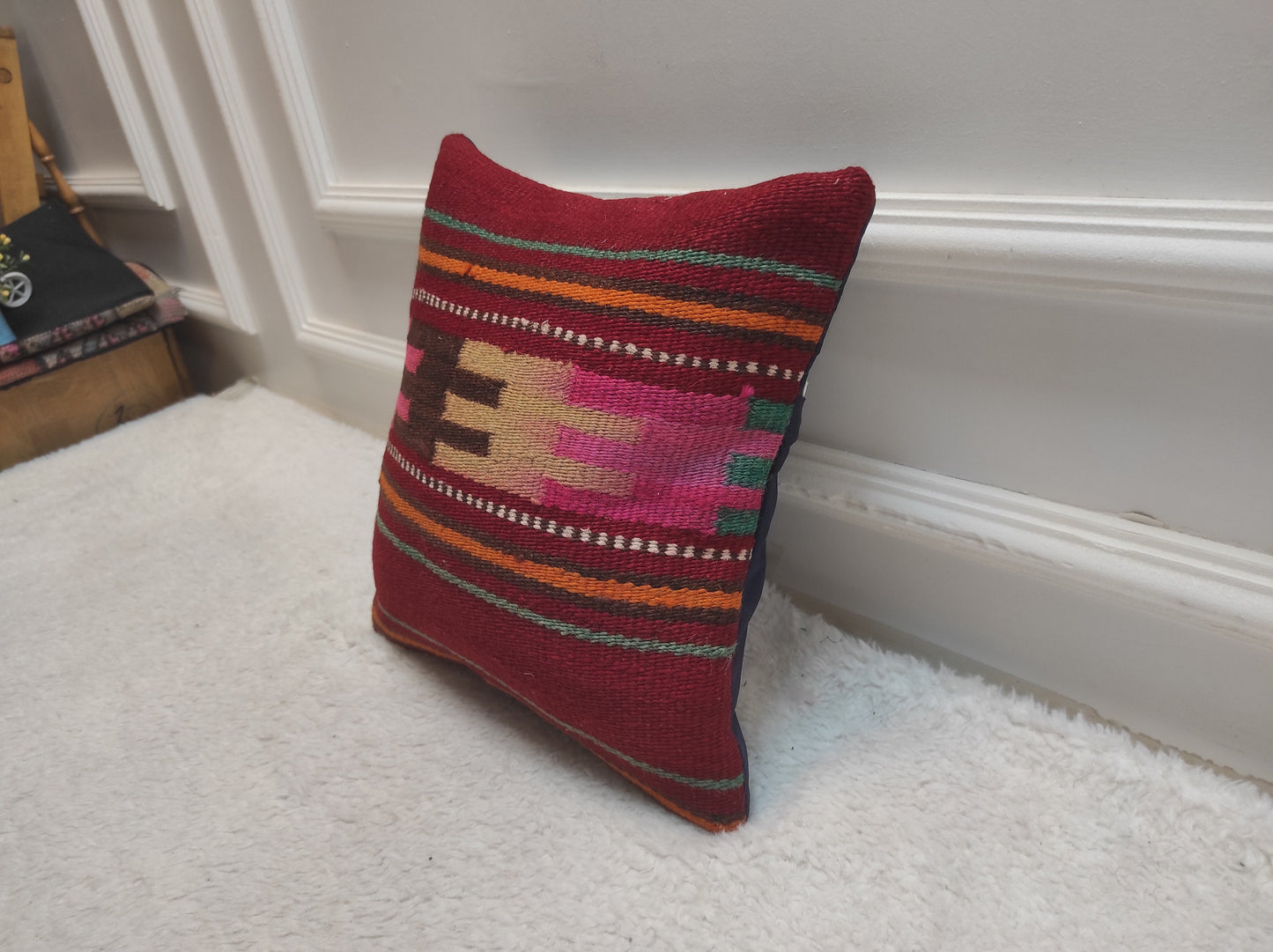 Handmade Kilim Pillow Cover: Geometric Woven Throw Pillow (12x12 inc)