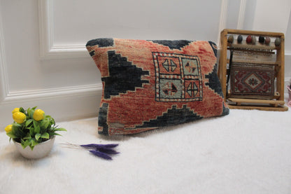 Handmade Kilim Pillow Cover: Upcycled Woven Rug, Bohemian Decor (12x20 inc)