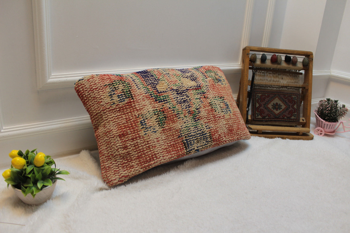 Handmade Orange Kilim Lumbar Pillow Cover: Upcycled Rug, 12x24 inch