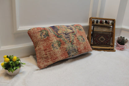 Handmade Orange Kilim Lumbar Pillow Cover: Upcycled Rug, 12x24 inch