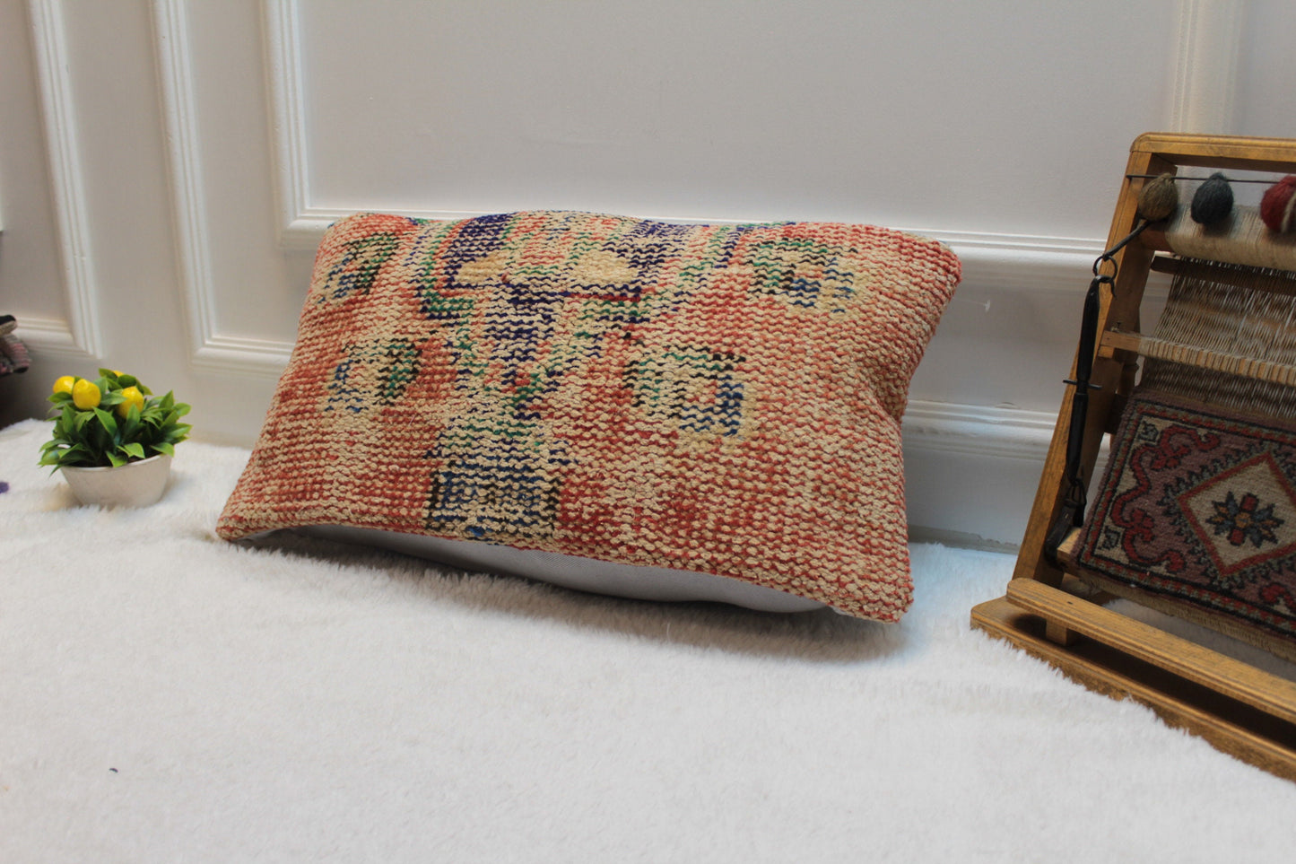 Handmade Orange Kilim Lumbar Pillow Cover: Upcycled Rug, 12x24 inch