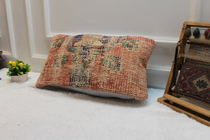 Handmade Orange Kilim Lumbar Pillow Cover: Upcycled Rug, 12x24 inch