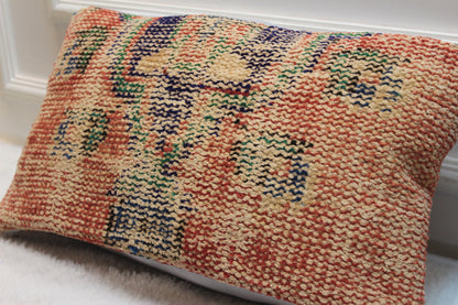 Handmade Orange Kilim Lumbar Pillow Cover: Upcycled Rug, 12x24 inch