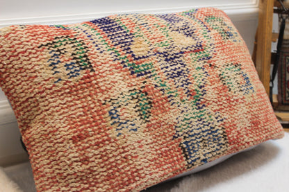 Handmade Orange Kilim Lumbar Pillow Cover: Upcycled Rug, 12x24 inch