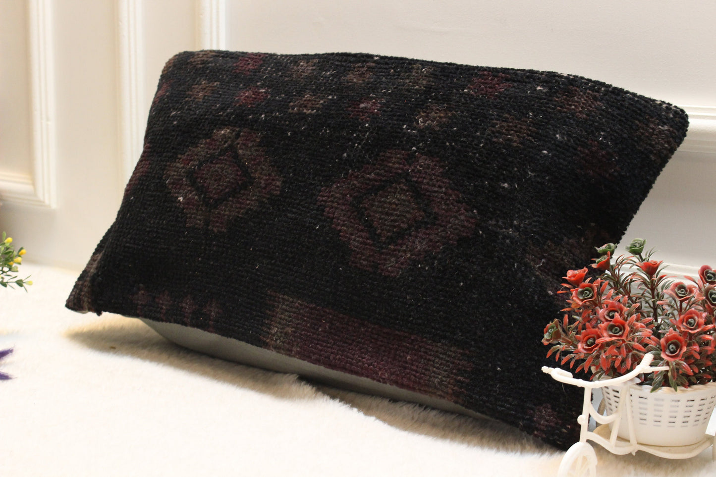 Handmade Black Kilim Lumbar Pillow Cover: Upcycled Woven Rug (12x24 inch)