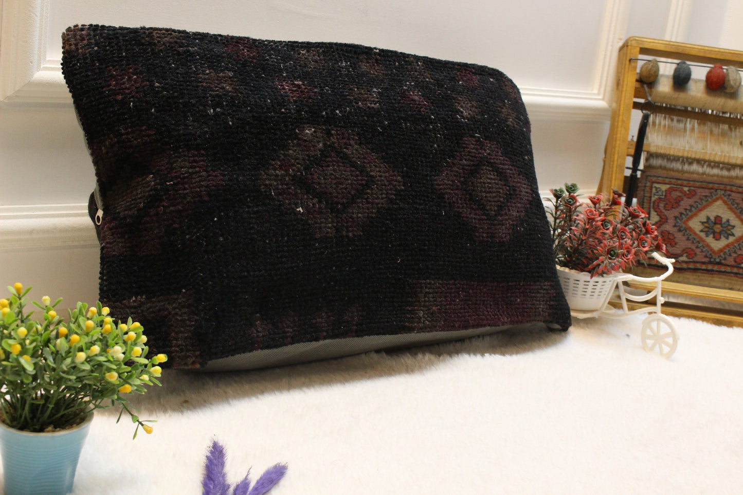 Handmade Black Kilim Lumbar Pillow Cover: Upcycled Woven Rug (12x24 inch)