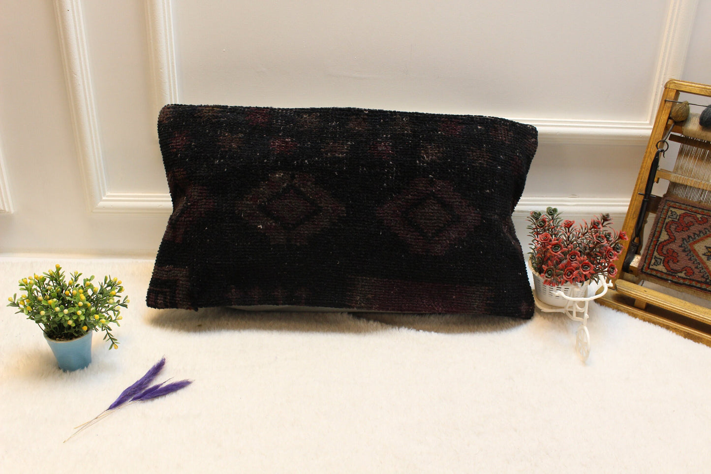 Handmade Black Kilim Lumbar Pillow Cover: Upcycled Woven Rug (12x24 inch)