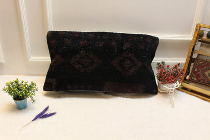 Handmade Black Kilim Lumbar Pillow Cover: Upcycled Woven Rug (12x24 inch)