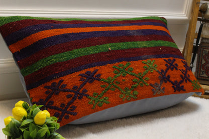 Red Kilim Lumbar Pillow Cover: Handwoven Turkish Pillow, 12x24 inch
