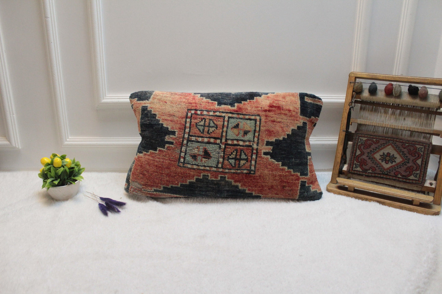 Handmade Kilim Pillow Cover: Upcycled Woven Rug, Bohemian Decor (12x20 inc)