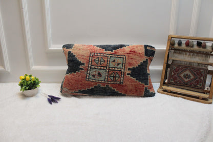 Handmade Kilim Pillow Cover: Upcycled Woven Rug, Bohemian Decor (12x20 inc)