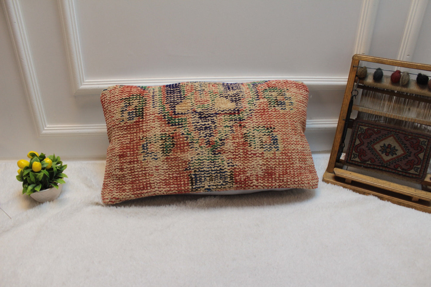 Handmade Orange Kilim Lumbar Pillow Cover: Upcycled Rug, 12x24 inch