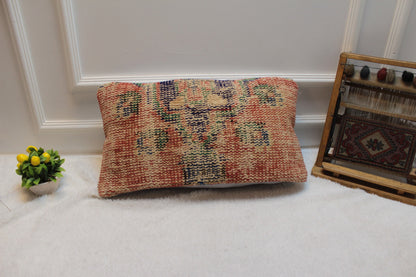Handmade Orange Kilim Lumbar Pillow Cover: Upcycled Rug, 12x24 inch