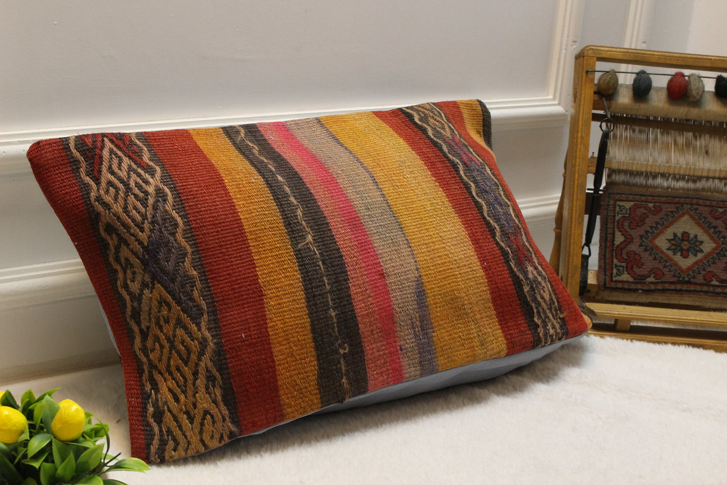 Handmade Kilim Pillow Cover: Upcycled Woven Rug, 12x24 inch