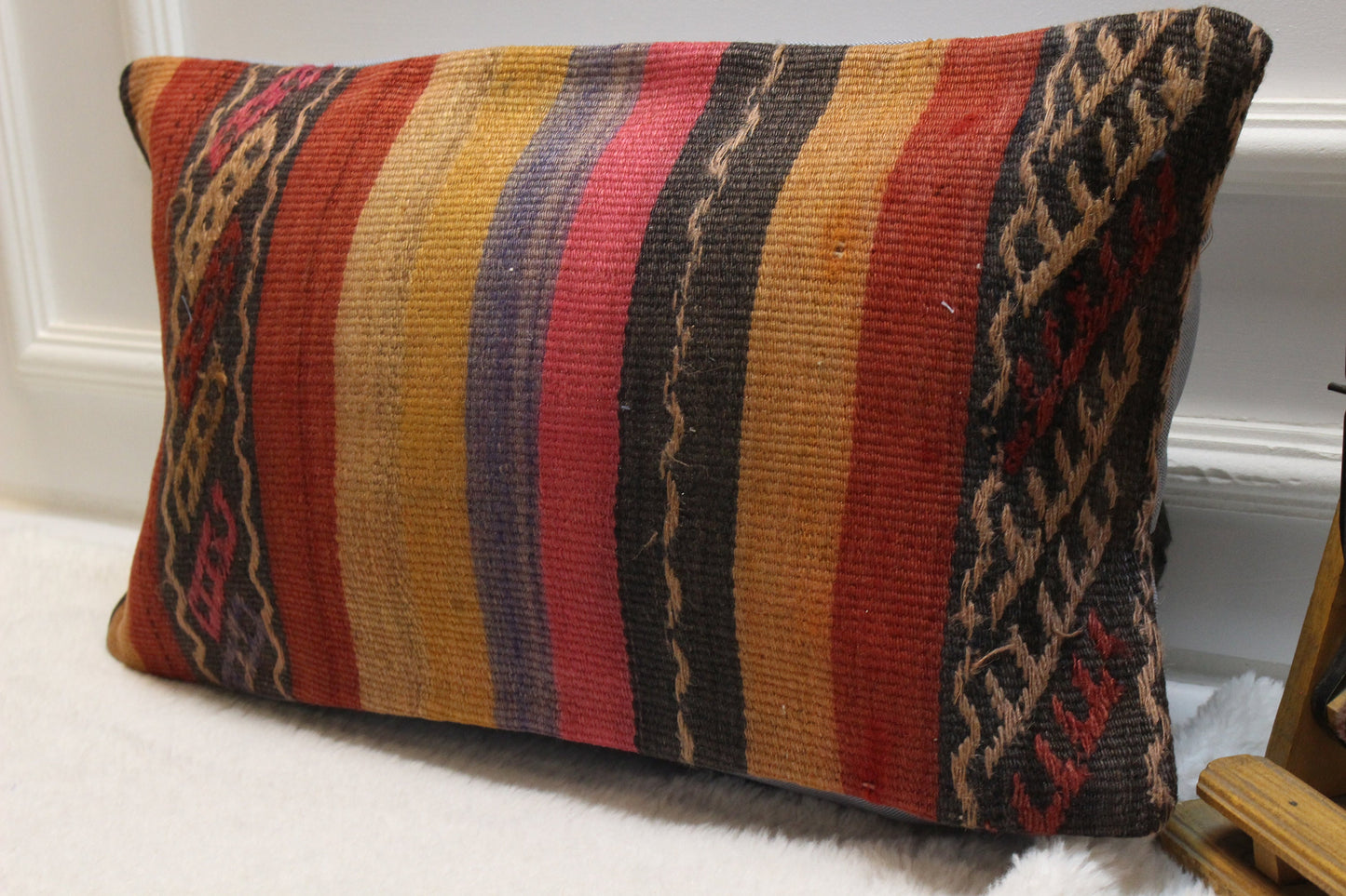 Orange Kilim Lumbar Pillow Cover: Upcycled Woven Rug, 12x24
