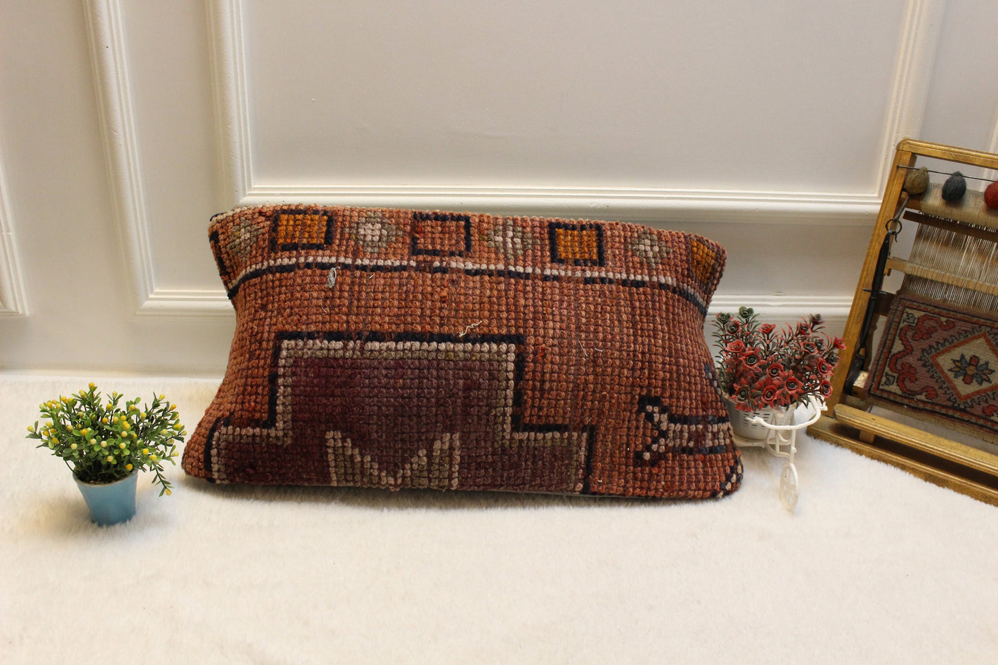 Handmade Kilim Pillow Cover: Upcycled Woven Rug, Bohemian Decor (12x24 inch)