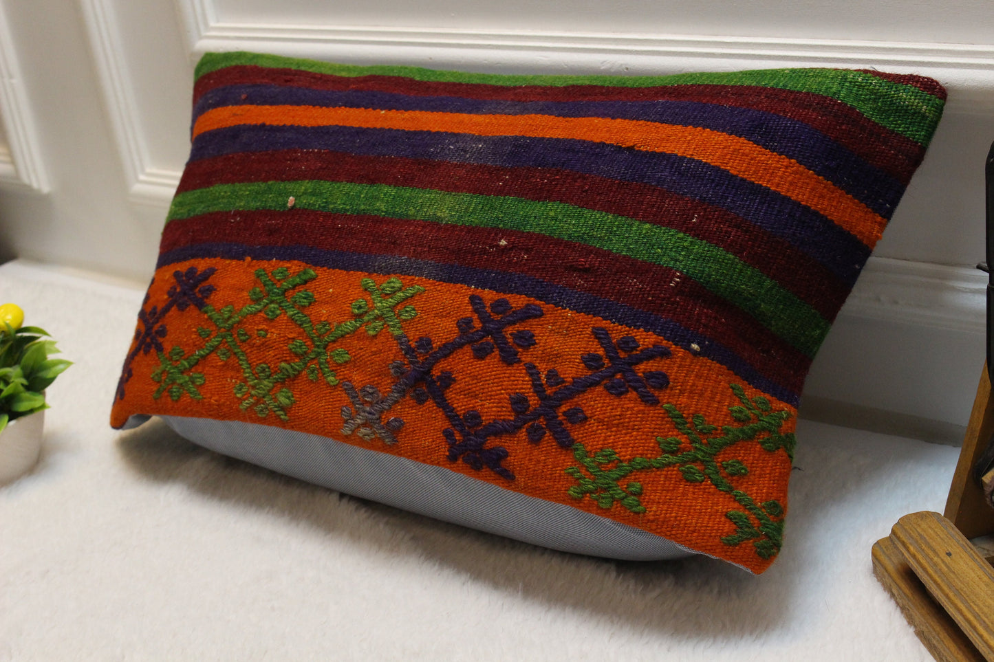 Red Kilim Lumbar Pillow Cover: Handwoven Turkish Pillow, 12x24 inch