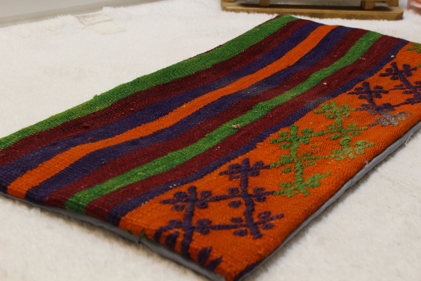Red Kilim Lumbar Pillow Cover: Handwoven Turkish Pillow, 12x24 inch