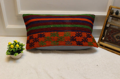 Red Kilim Lumbar Pillow Cover: Handwoven Turkish Pillow, 12x24 inch