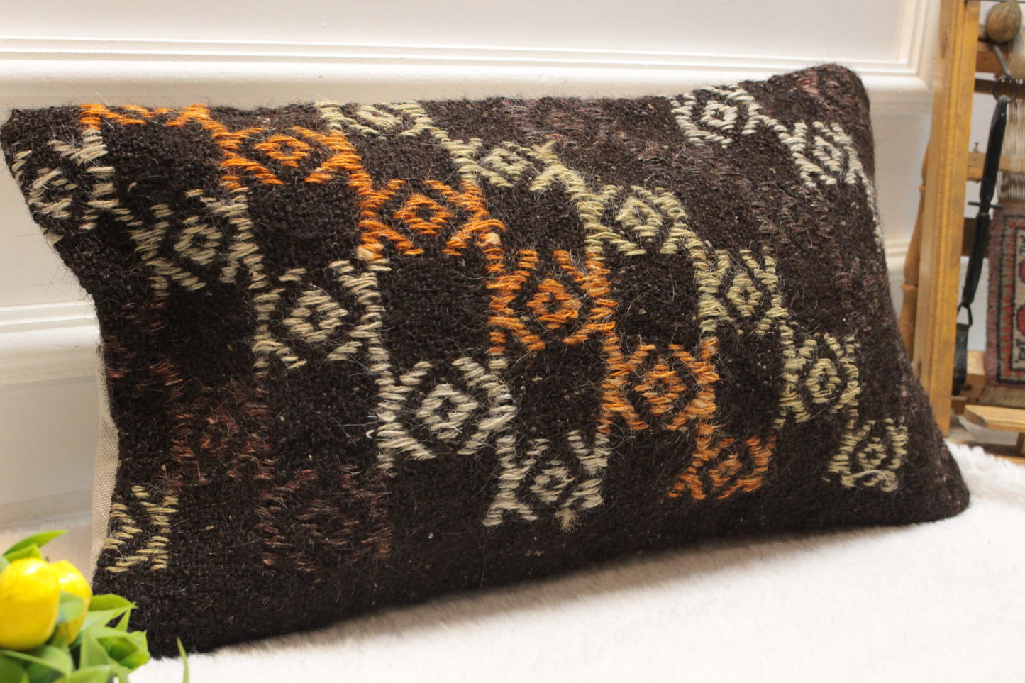 Handmade Kilim Lumbar Pillow Cover: Brown Woven Rug, 12x24