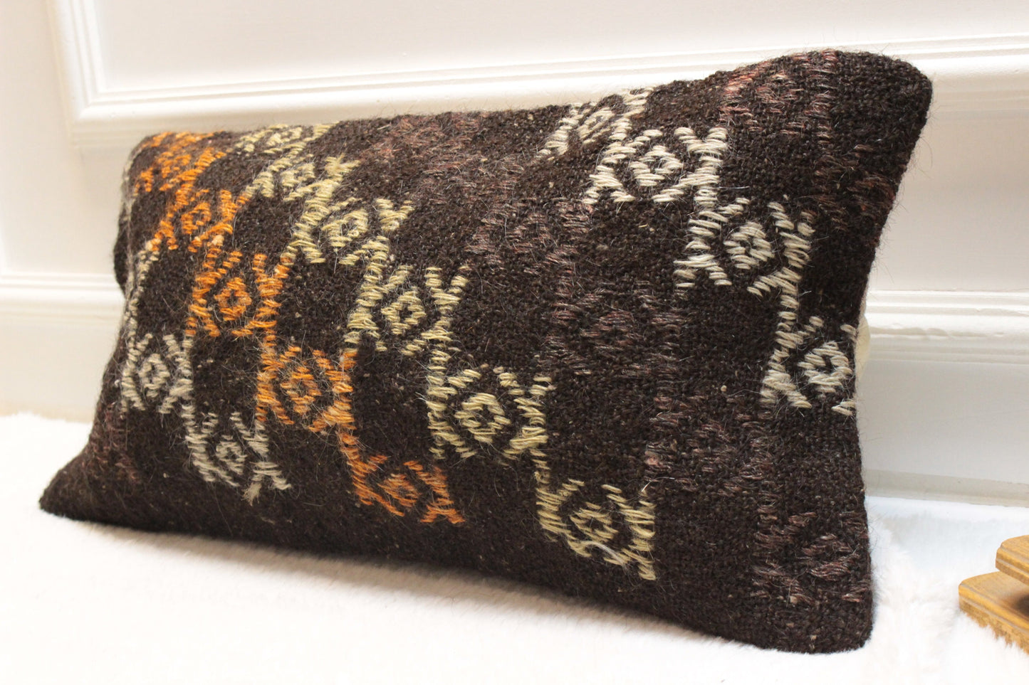 Handmade Kilim Lumbar Pillow Cover: Brown Woven Rug, 12x24