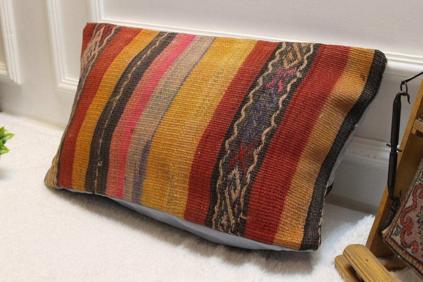 Handmade Kilim Pillow Cover: Upcycled Woven Rug, 12x24 inch