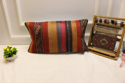Orange Kilim Lumbar Pillow Cover: Upcycled Woven Rug, 12x24