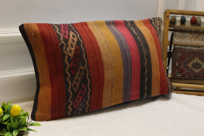 Orange Kilim Lumbar Pillow Cover: Upcycled Woven Rug, 12x24