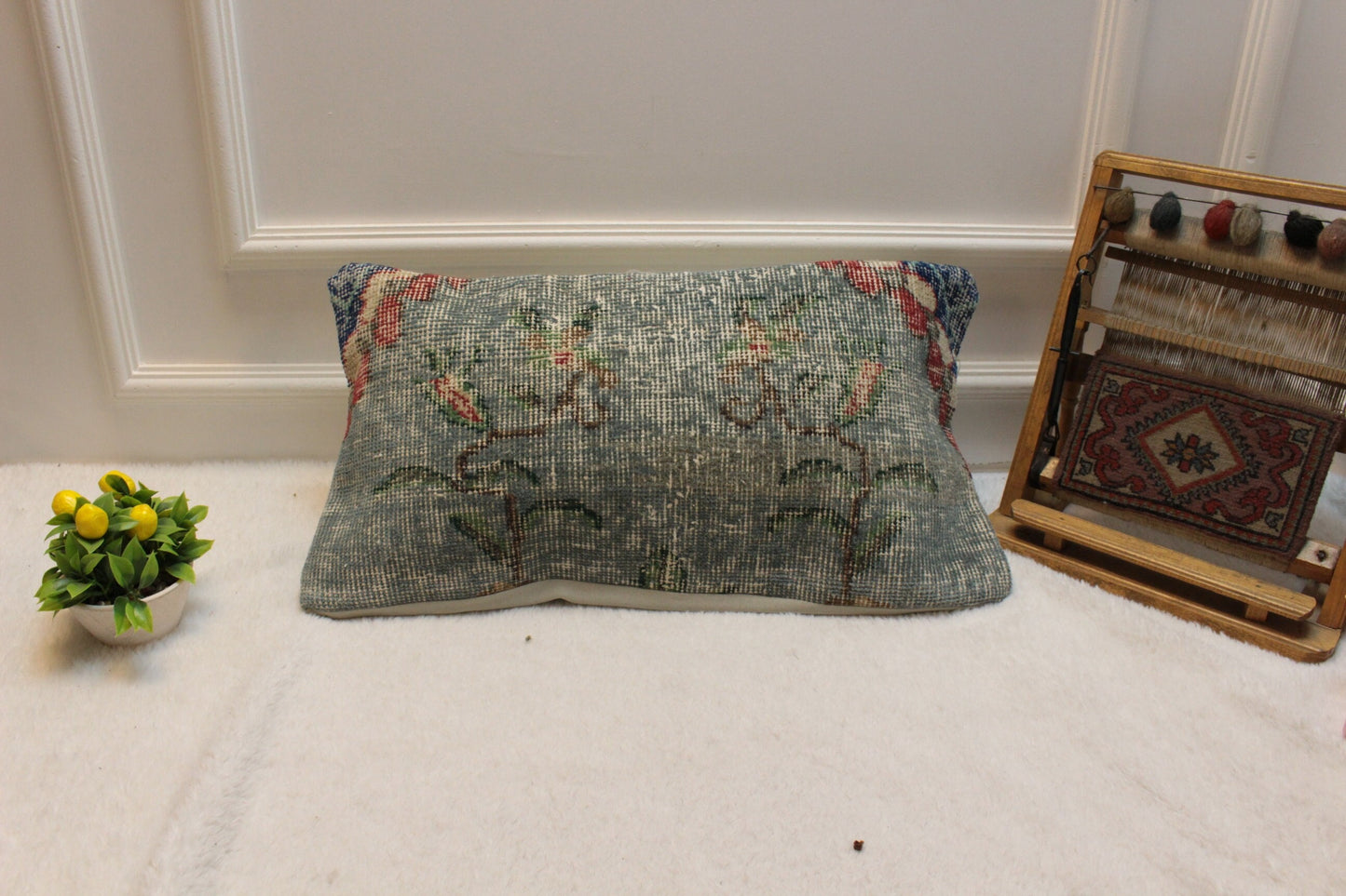 Handwoven Green Kilim Lumbar Pillow Cover: Rustic Ethnic Decor (12x24)