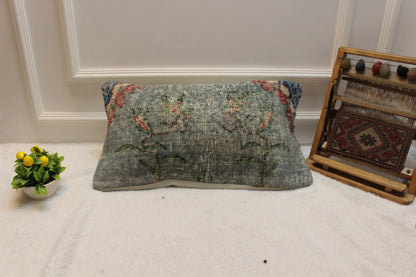 Handwoven Green Kilim Lumbar Pillow Cover: Rustic Ethnic Decor (12x24)