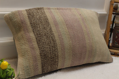 Handwoven Turkish Kilim Pillow Cover: Bohemian Beige Rug Cushion (12x24)
