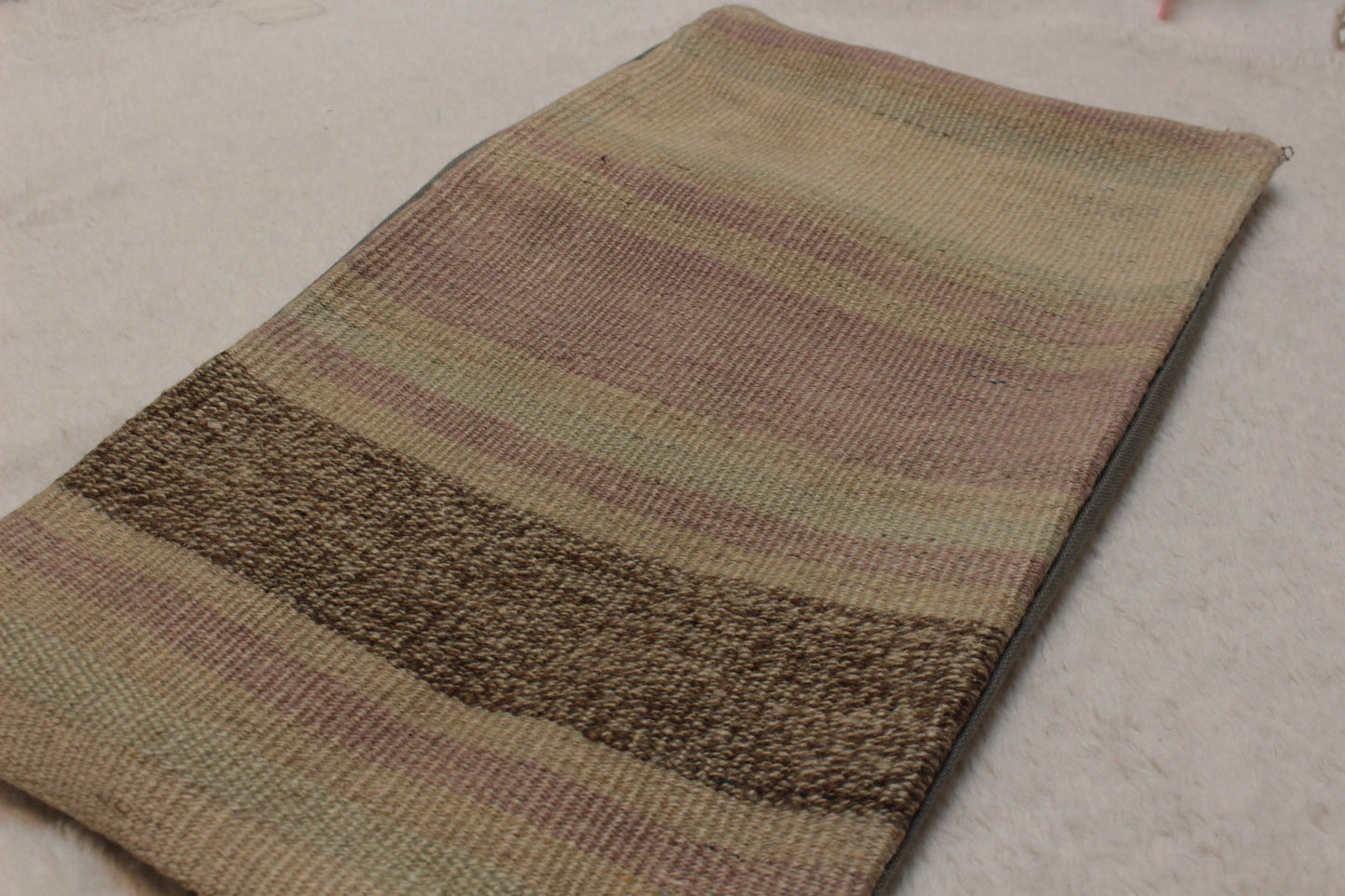 Handwoven Turkish Kilim Pillow Cover: Bohemian Beige Rug Cushion (12x24)
