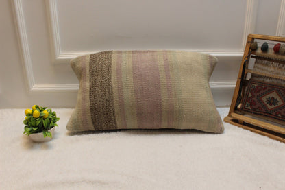 Handwoven Turkish Kilim Pillow Cover: Bohemian Beige Rug Cushion (12x24)