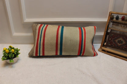 Handmade Kilim Lumbar Pillow Cover: Upcycled Woven Rug (12x24 in)